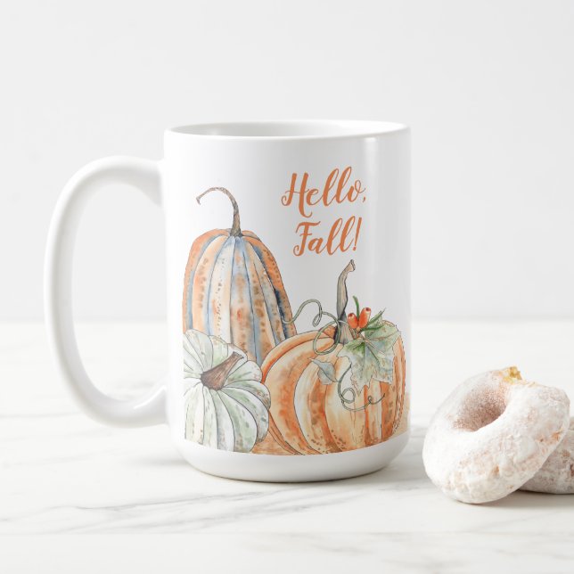 Hello Fall Pumpkins Watercolor Autumn Coffee Mug (With Donut)