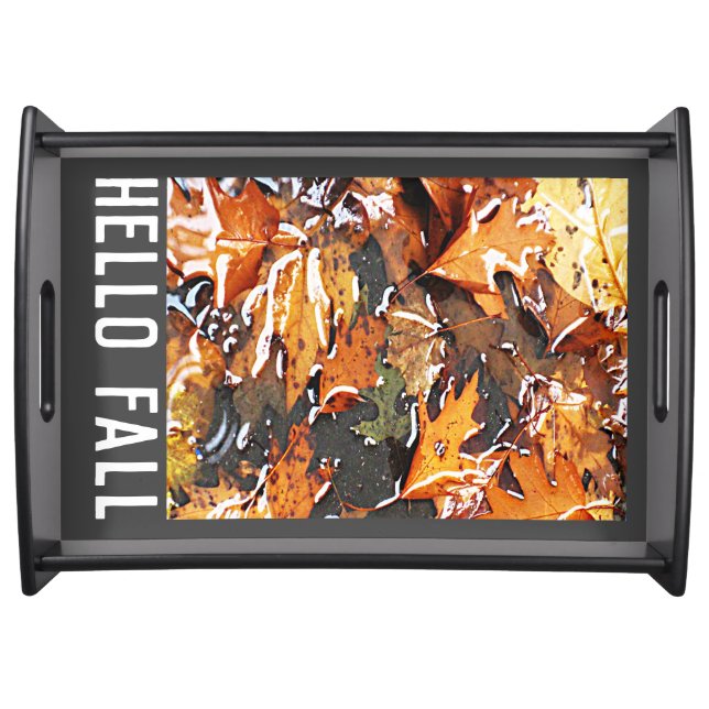 Hello Fall Rainy Leaves Photo  Serving Tray (Front)