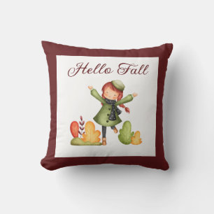 Hello Fall Retro Girl Autumn Farmhouse Throw Pillow