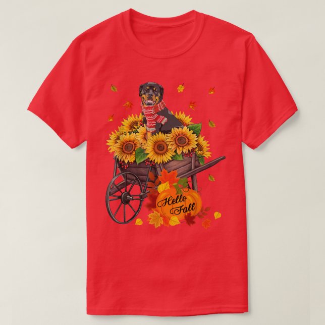 Hello Fall Rottweiler Dog In Sunflowers Leaves Aut T-Shirt (Design Front)