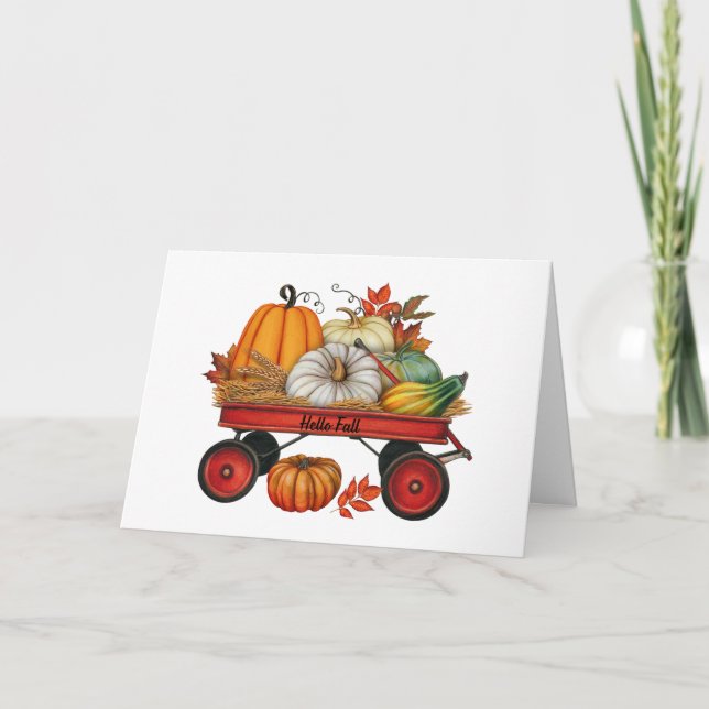 Hello Fall Rustic Country Wagon with Pumpkins  Card (Front)