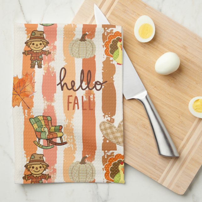 Hello Fall Rustic Patchwork Orange Leaves Stripes Kitchen Towel (Quarter Fold)