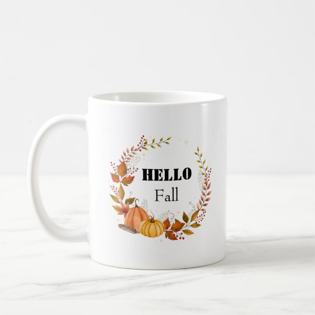 Hello Fall Rustic Pumpkin – Cozy Farmhouse Autumn Coffee Mug (Left)