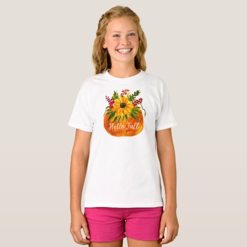 Hello Fall Sunflowers Pumpkin Autumn Rustic T_Shirt