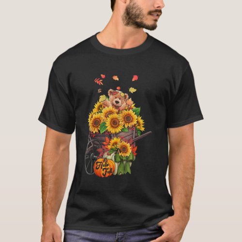 Hello Fall Teddy Bear In Sunflowers Tossing Leaves T_Shirt
