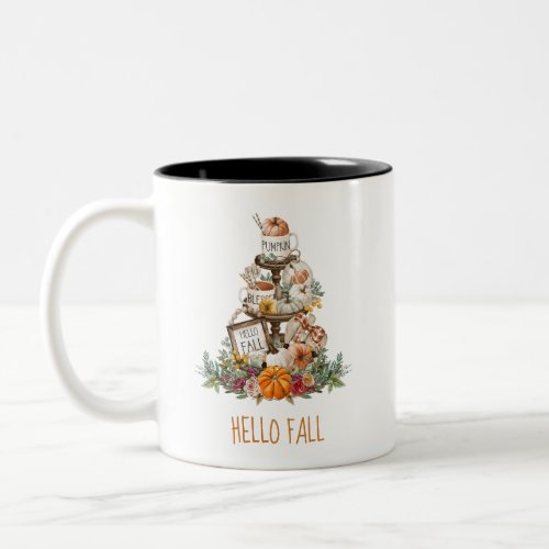 Hello Fall Tiered Tray Pumpkins Greenery Two_Tone Coffee Mug