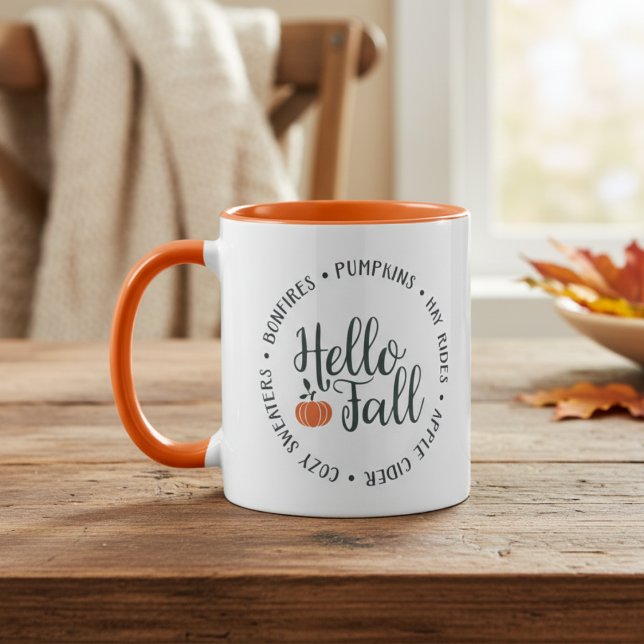 Hello Fall Two-Toned Mug (Hello Fall Two-Toned Mug.  Bonfires, Pumpkins, Hay Rides, Apple Cider, Cozy Sweaters.)