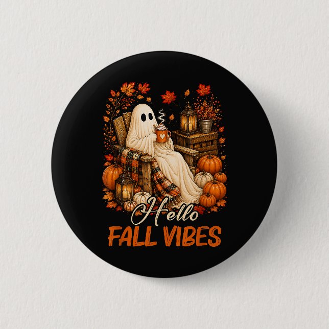 Hello Fall Vibes Ghost Cute Autumn Pumpkin Button (Front)