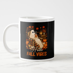 Hello Fall Vibes Ghost Cute Autumn Pumpkin Giant Coffee Mug