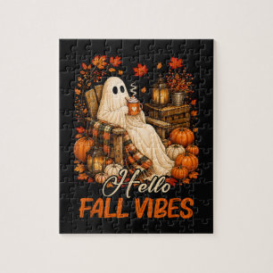 Hello Fall Vibes Ghost Cute Autumn Pumpkin Jigsaw Puzzle
