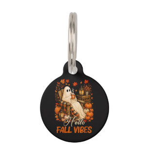 Hello Fall Vibes Ghost Cute Autumn Pumpkin Pet ID Tag