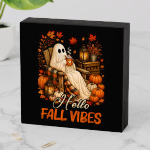 Hello Fall Vibes Ghost Cute Autumn Pumpkin Wooden Box Sign