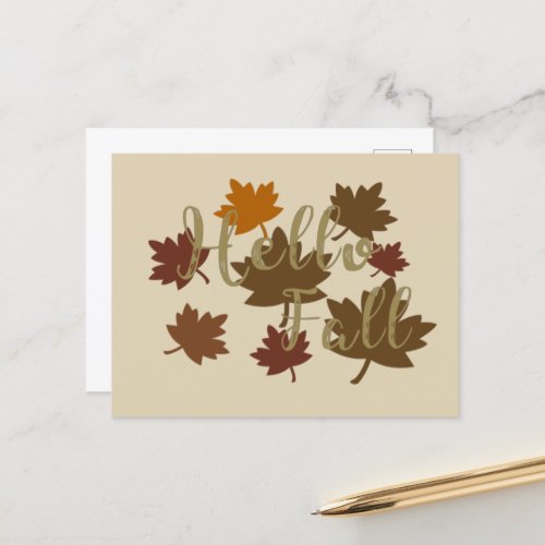 Hello Fall watercolor Autumn leaves Holiday Postcard
