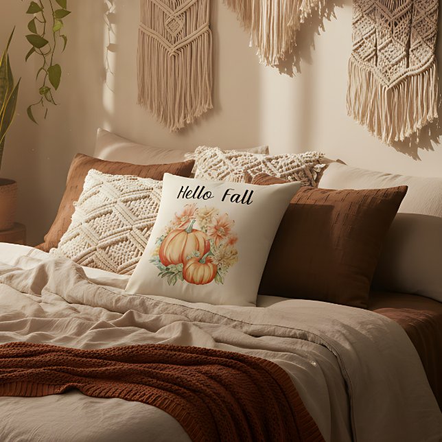 Hello Fall Watercolor Farmhouse Autumn Pumpkins Throw Pillow (Autumn pumpkin pillow farmhouse style. Fall decor pillow soft and stylish.)