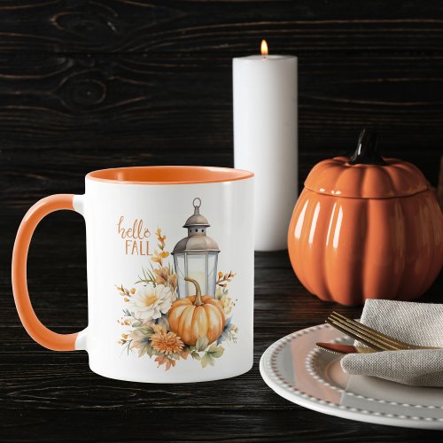 Hello Fall Watercolor Pumpkin Lantern Mug