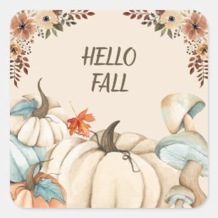 Hello Fall Watercolor Pumpkins and Flowers Square Sticker