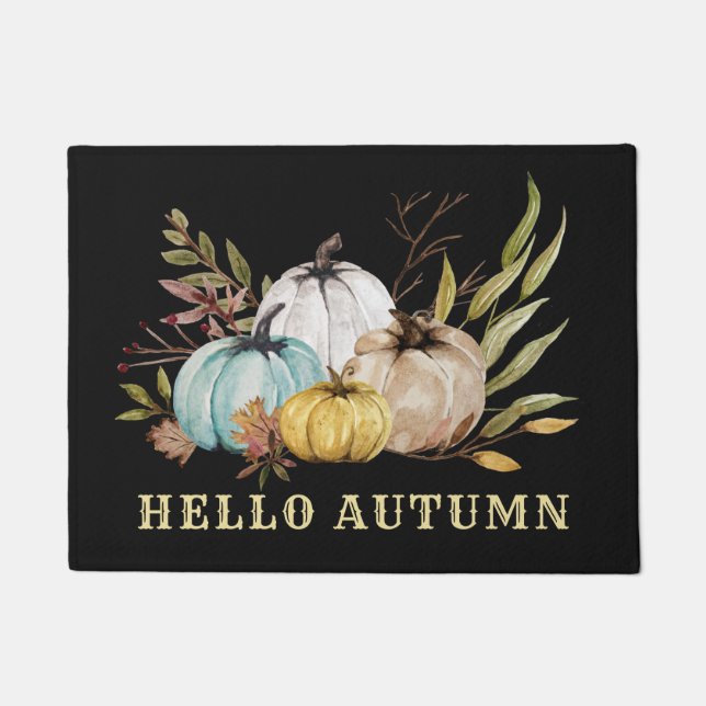 Hello Fall Watercolor Pumpkins Coffee Mug Doormat (Front)