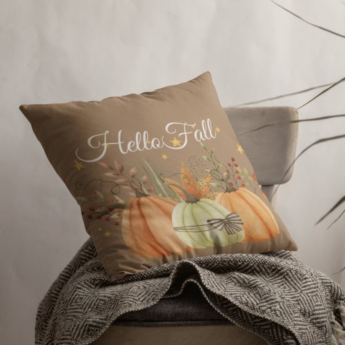 Hello Fall Watercolor Pumpkins  Throw Pillow