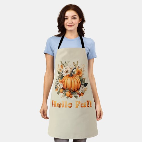 Hello Fall watercolor wildflowers autumn leaves Apron