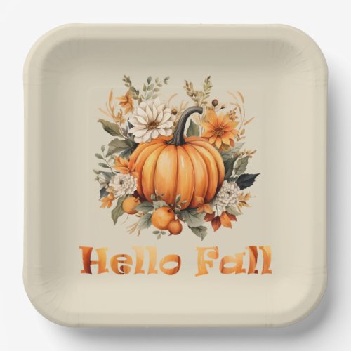 Hello Fall watercolor wildflowers autumn leaves Paper Plates
