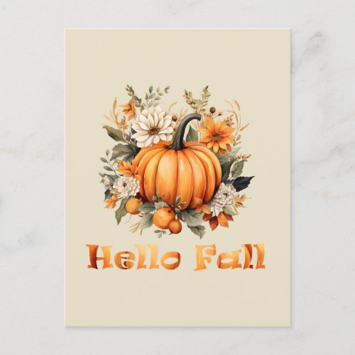 Hello Fall watercolor wildflowers autumn leaves Postcard