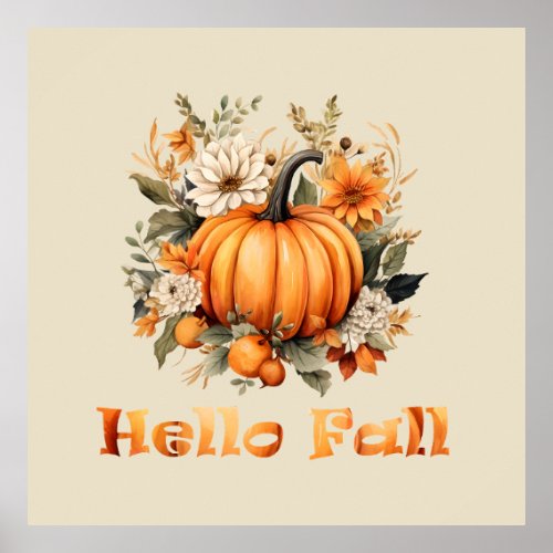 Hello Fall watercolor wildflowers autumn leaves Poster
