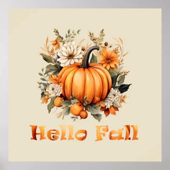 Hello Fall watercolor wildflowers autumn leaves Poster | Zazzle
