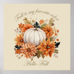 Hello Fall watercolor wildflowers autumn leaves Poster