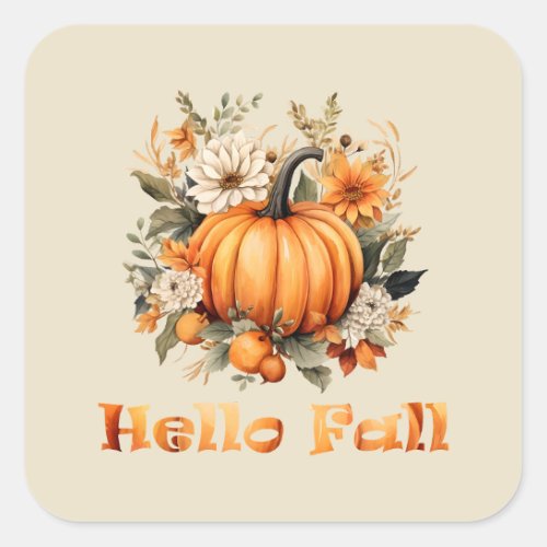Hello Fall watercolor wildflowers autumn leaves Square Sticker