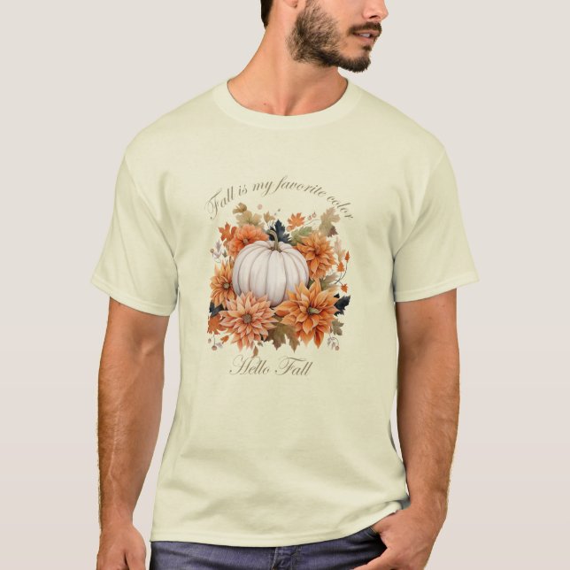 Hello Fall watercolor wildflowers autumn leaves T-Shirt (Front)