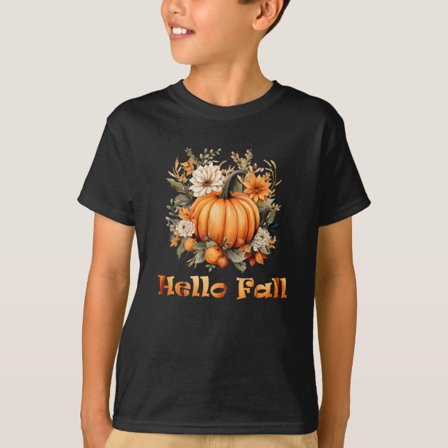 Hello Fall watercolor wildflowers autumn leaves T-Shirt (Front)