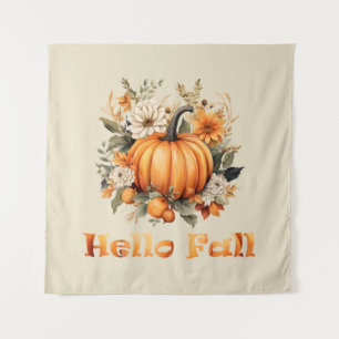 Hello Fall watercolor wildflowers autumn leaves Tapestry