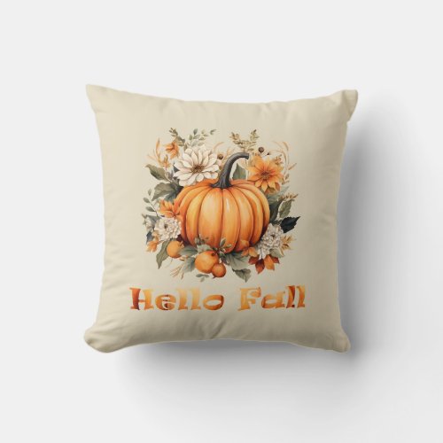 Hello Fall watercolor wildflowers autumn leaves Throw Pillow