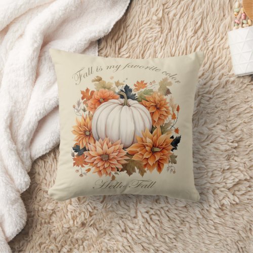 Hello Fall watercolor wildflowers autumn leaves Throw Pillow