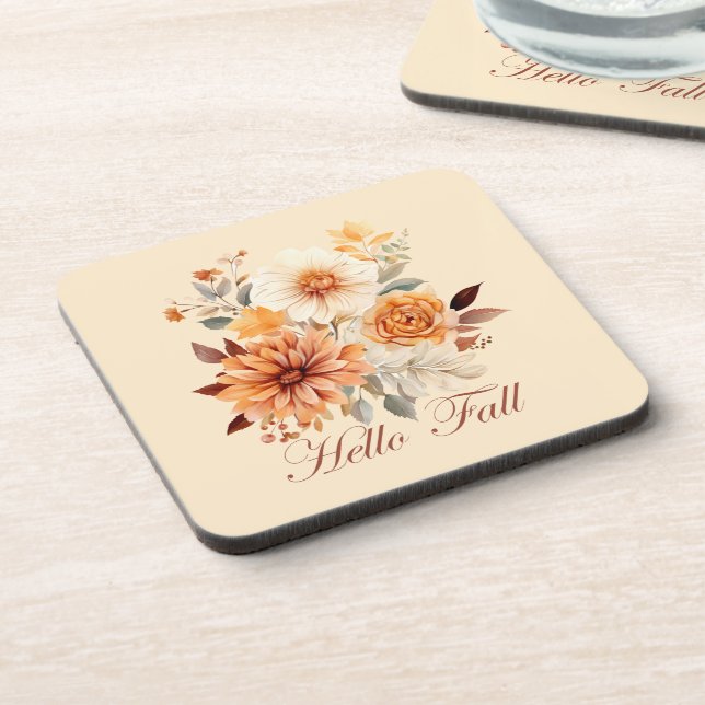 Hello fall Watercolor wildflowers leaves autumn Beverage Coaster (Left Side)