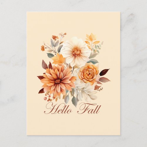 Hello fall Watercolor wildflowers leaves autumn Postcard