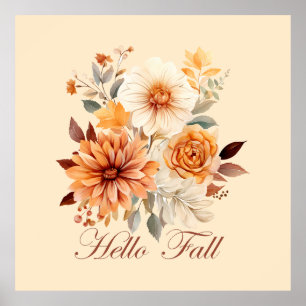 Hello fall Watercolor wildflowers leaves autumn Poster