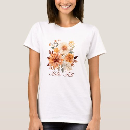 Hello fall Watercolor wildflowers leaves autumn T_Shirt