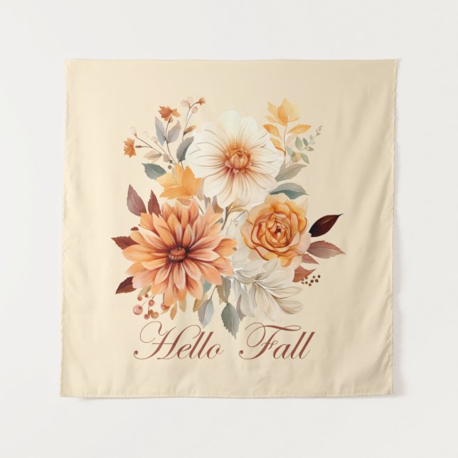 Hello fall Watercolor wildflowers leaves autumn Tapestry (Front)