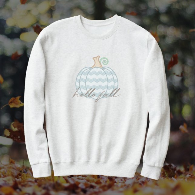 Hello Fall - White + Blue Chevron Autumn Pumpkin Sweatshirt (Creator Uploaded)