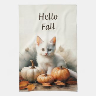 Hello Fall White Kitten Kitchen Towel