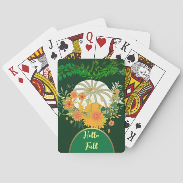 Hello Fall White Pumpkin Greenery Foliage Vibrant  Poker Cards (Back)