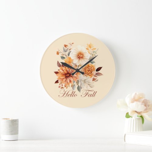 Hello Fall wildflowers and autumn leaves Large Clock