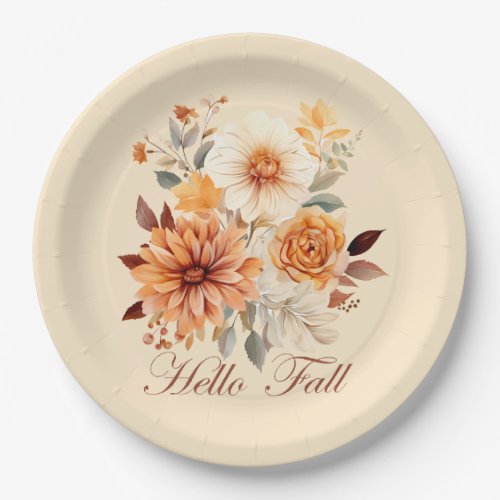 Hello Fall wildflowers and autumn leaves Paper Plates