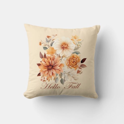 Hello Fall wildflowers and autumn leaves Throw Pillow