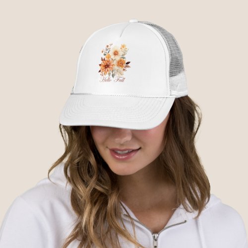 Hello Fall wildflowers and autumn leaves Trucker Hat