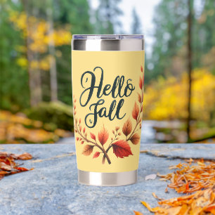 HELLO FALL WITH ORANGE & GOLD AUTUMN LEAVES INSULATED TUMBLER