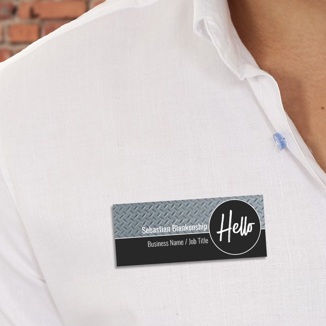 Hello Faux Diamond Plate  Professional   Name Tag (This easy to personalize name plate is ready for you,  employees, volunteers, teachers or others. )
