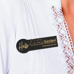 Hello Faux Gold Bokeh Black & Gold Professional Name Tag