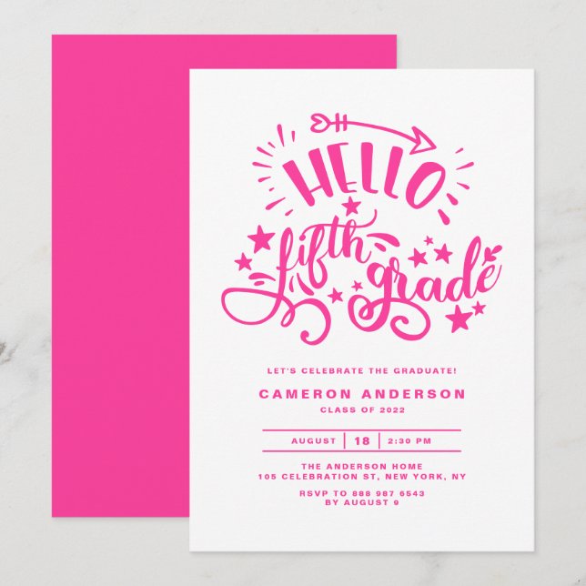 Hello Fifth Grade | Pink Fourth Grade Graduation Invitation (Front/Back)
